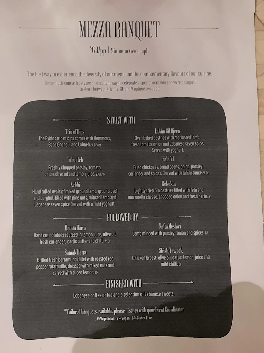 Menu, Byblós Brisbane
