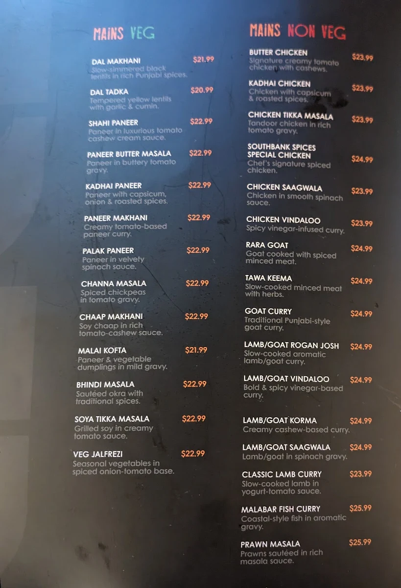 Menu, Southbank Spices