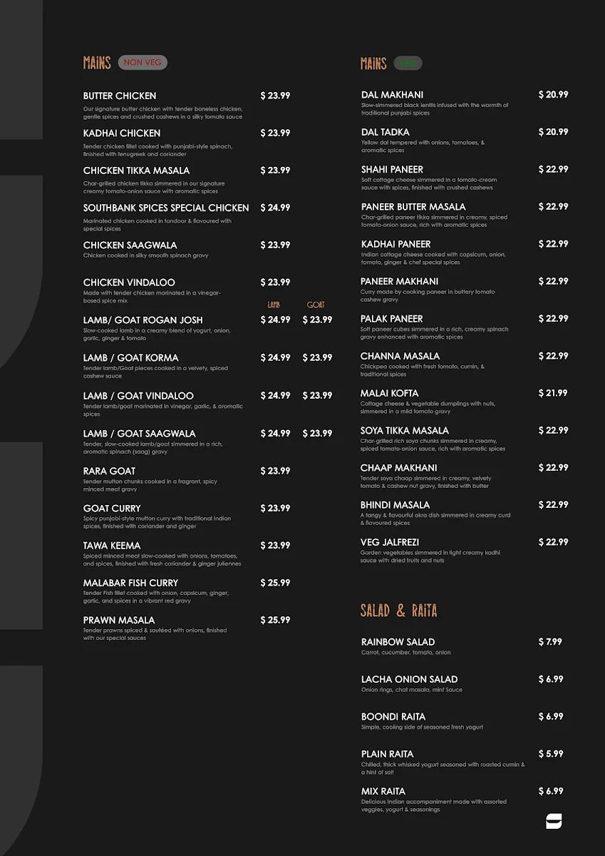 Menu, Southbank Spices