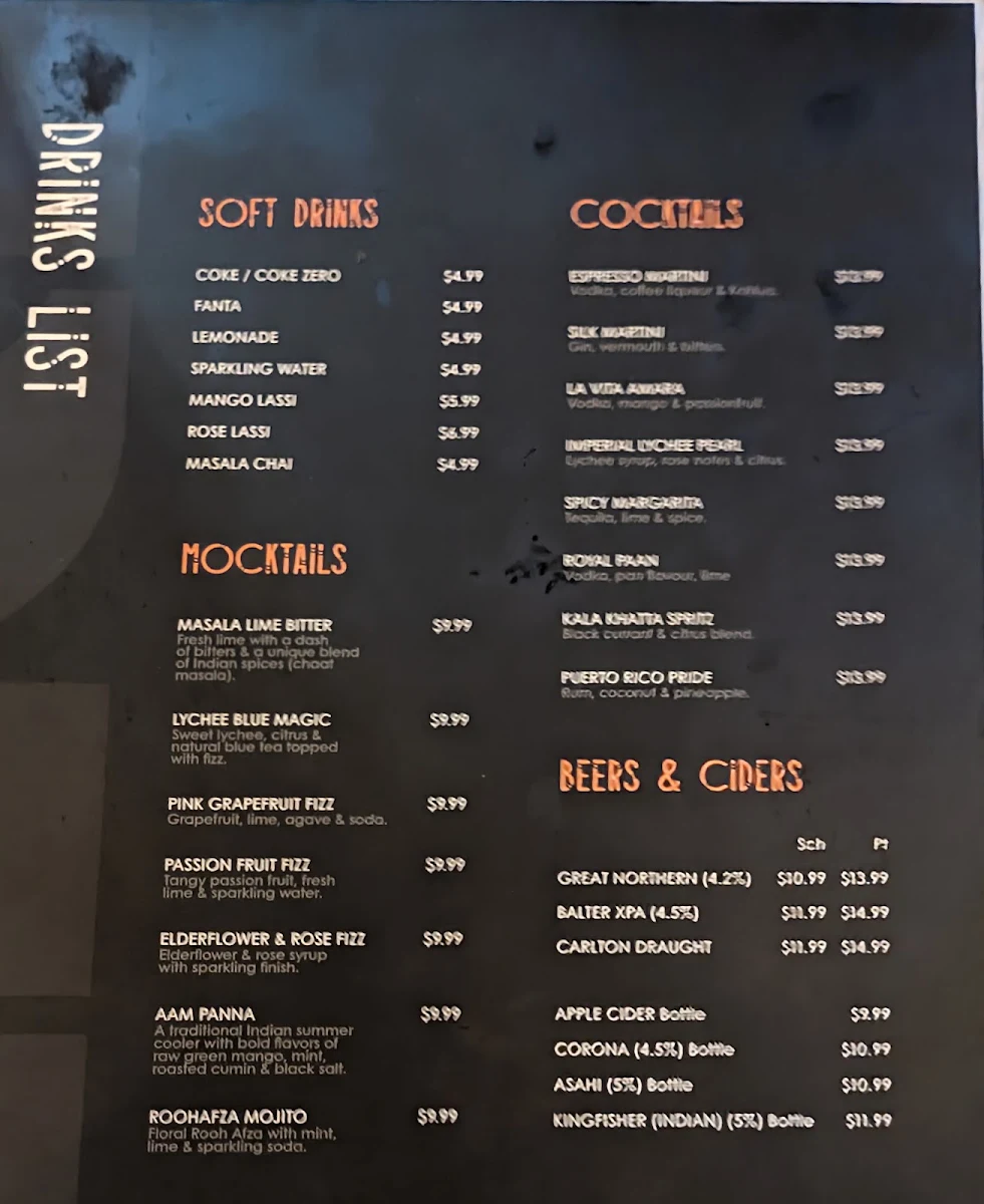 Menu, Southbank Spices