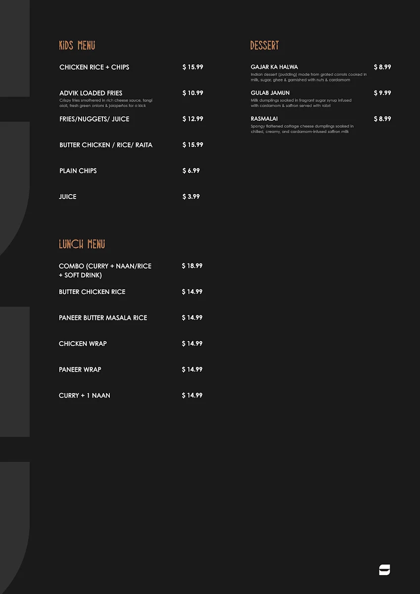 Menu, Southbank Spices