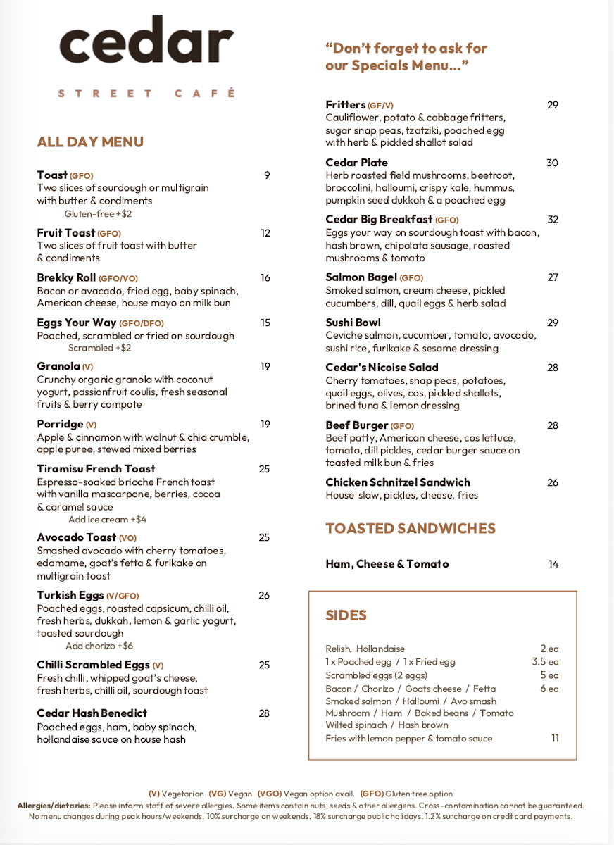 Menu, Cedar Street Cafe