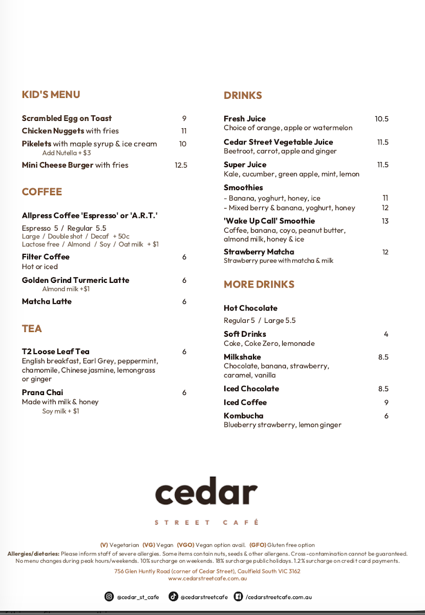 Menu, Cedar Street Cafe