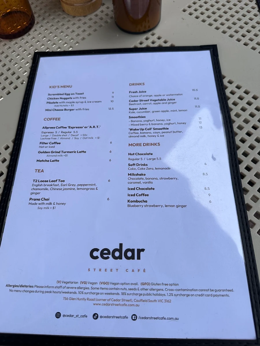 Menu, Cedar Street Cafe