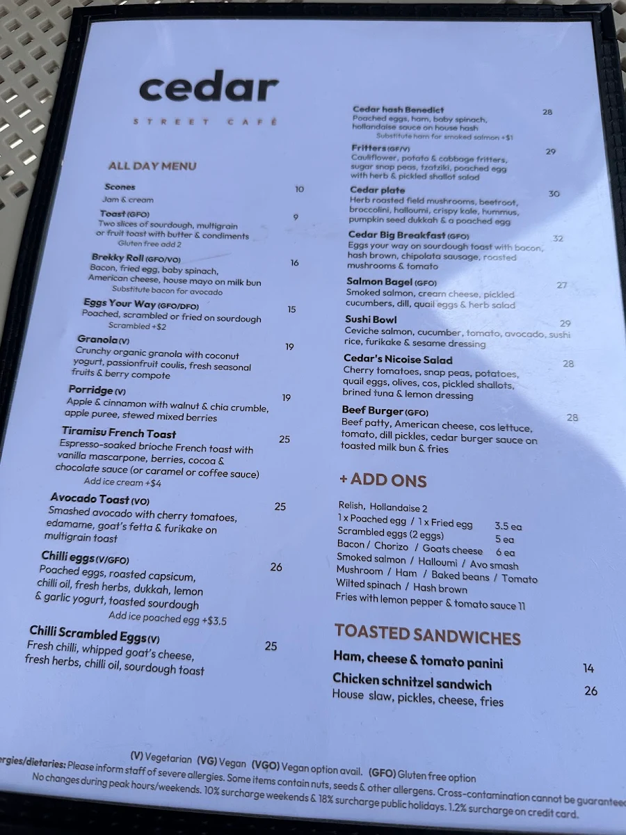 Menu, Cedar Street Cafe