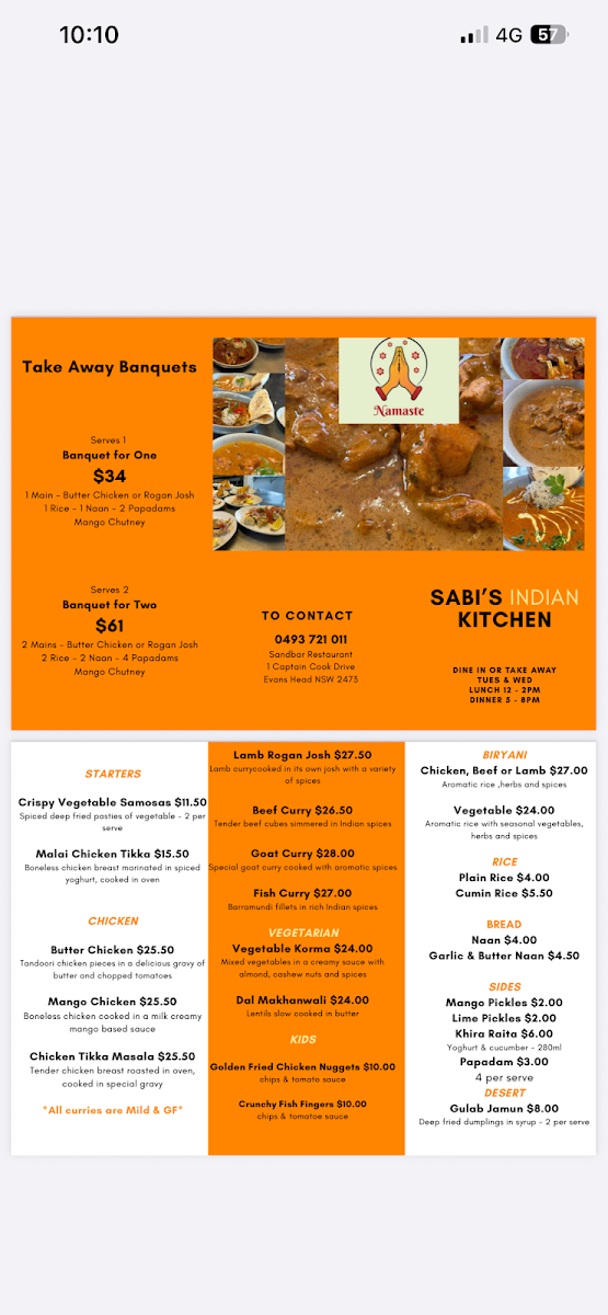 Menu, Sabi’s indian kitchen