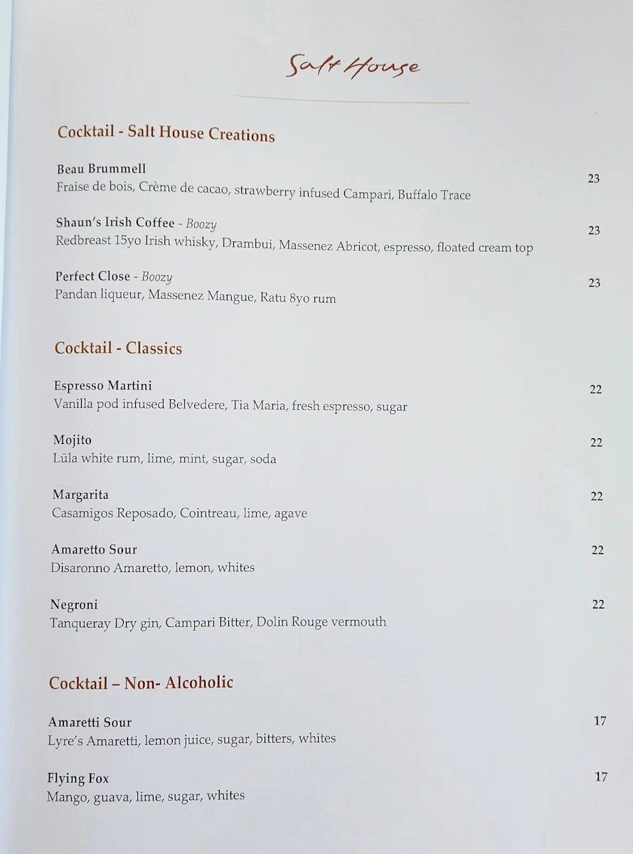 Menu, Salt House