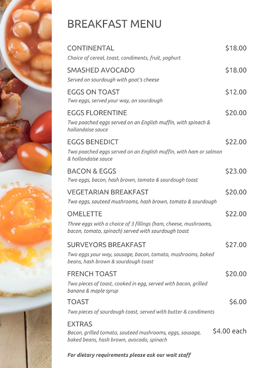 Menu, Surveyors restaurant