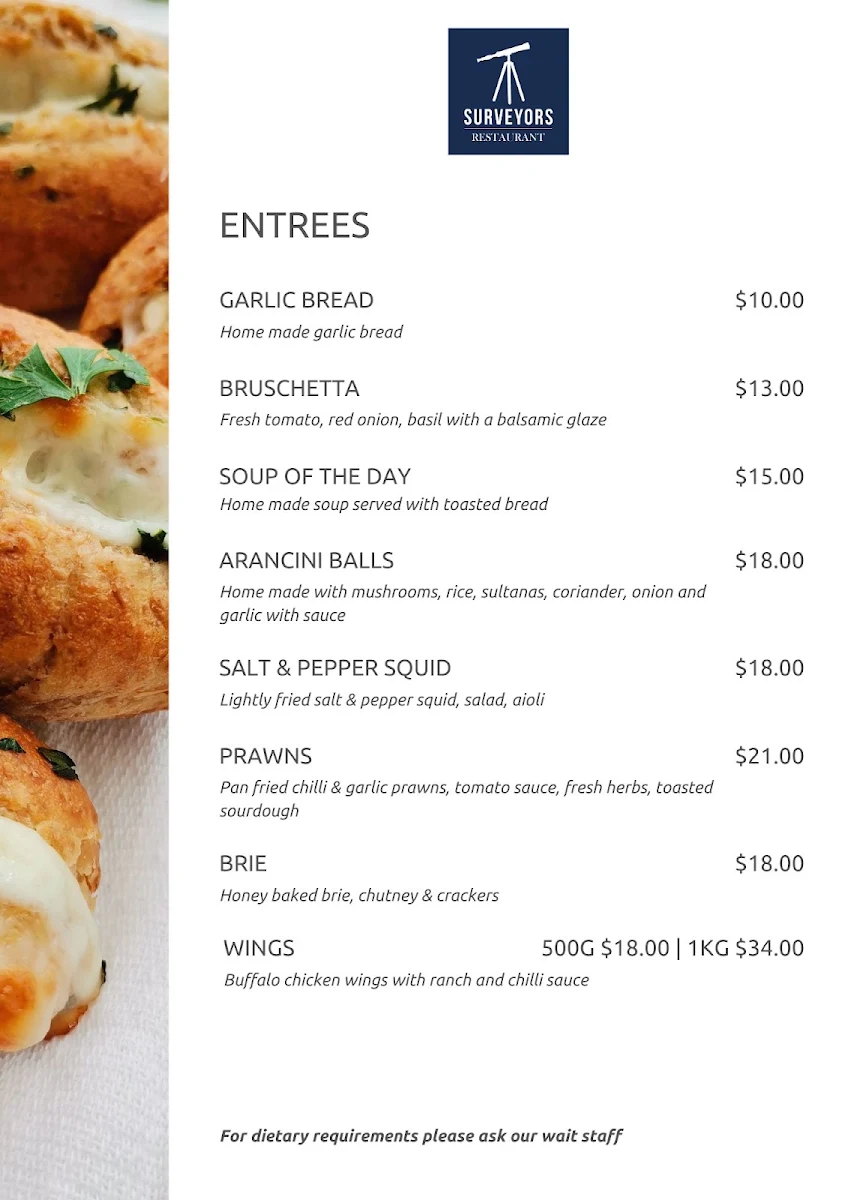 Menu, Surveyors restaurant