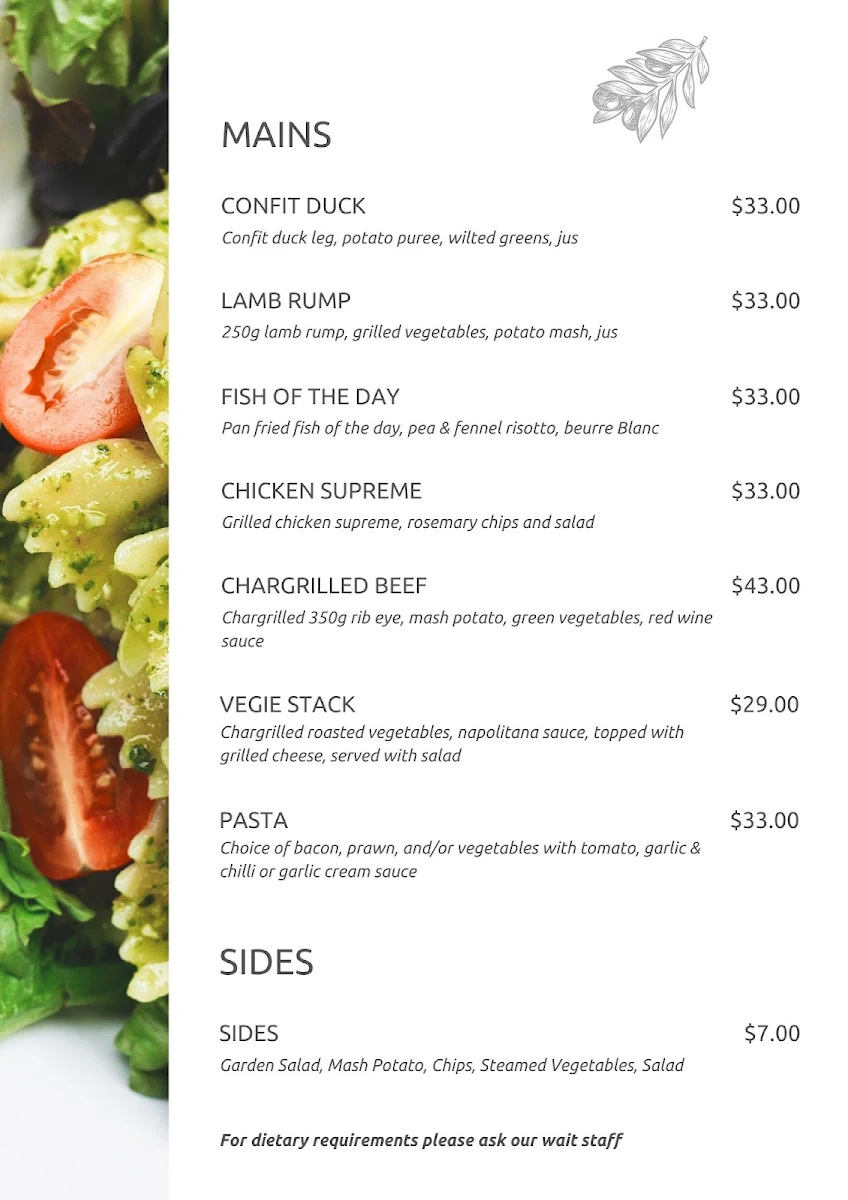 Menu, Surveyors restaurant