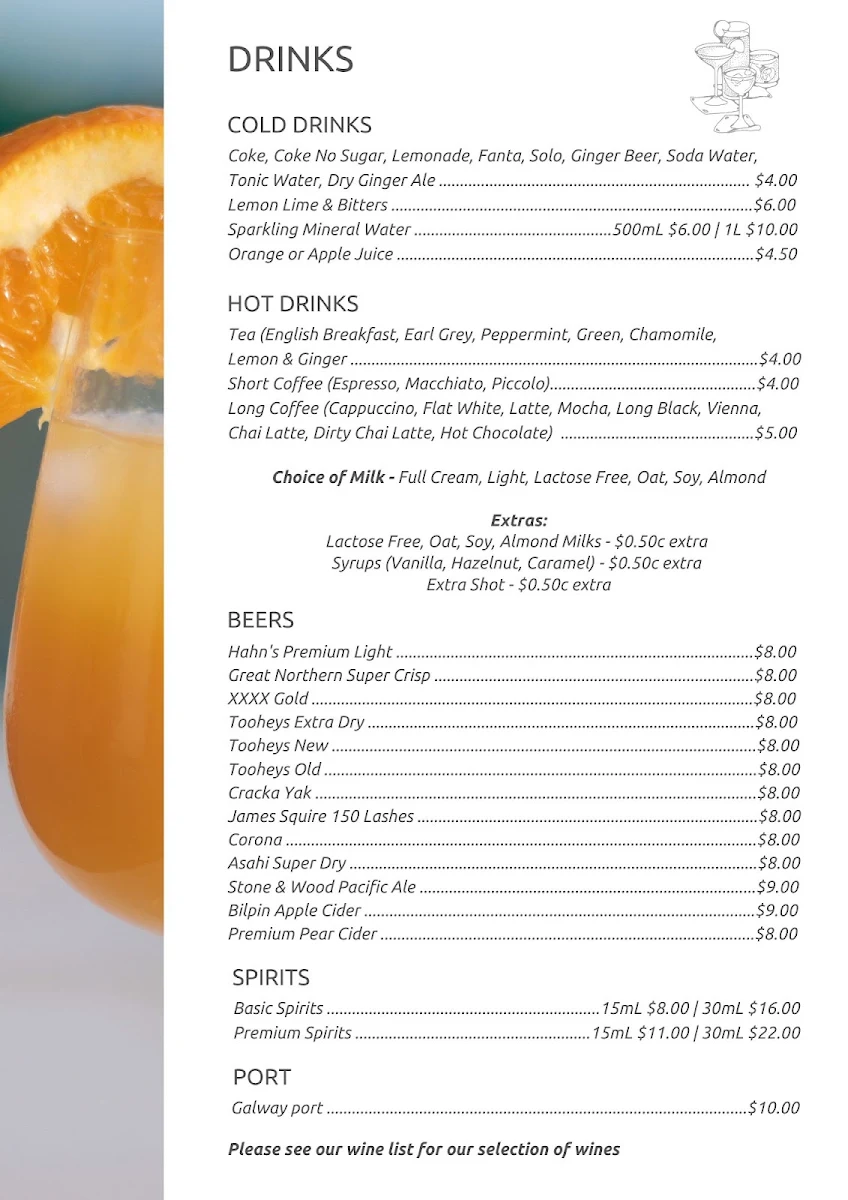 Menu, Surveyors restaurant