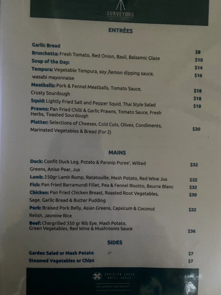 Menu, Surveyors restaurant