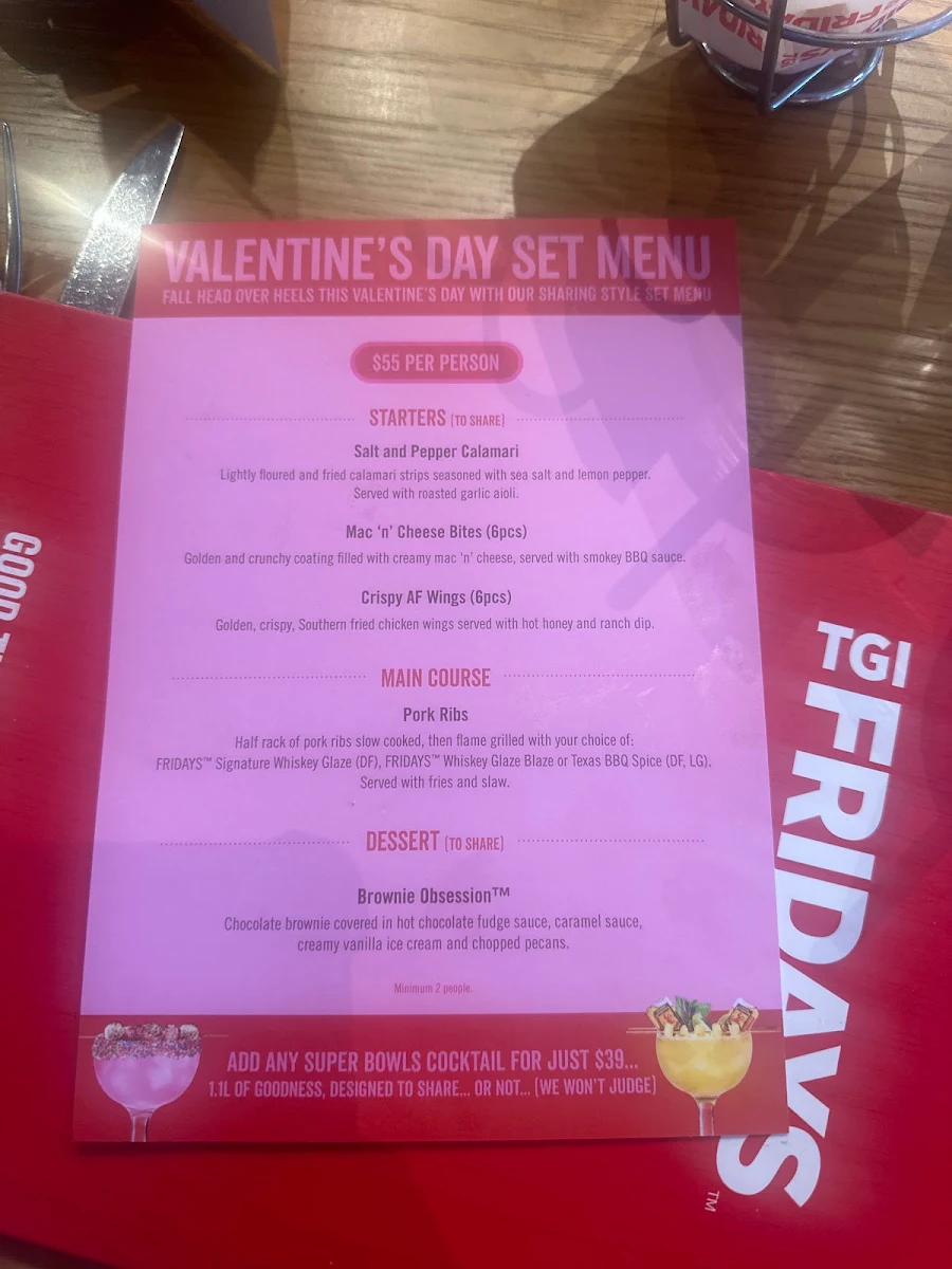 Menu, TGI Fridays Frankston