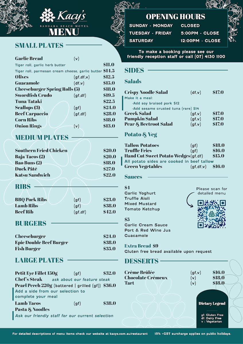 Menu, Kacy’s Restaurant