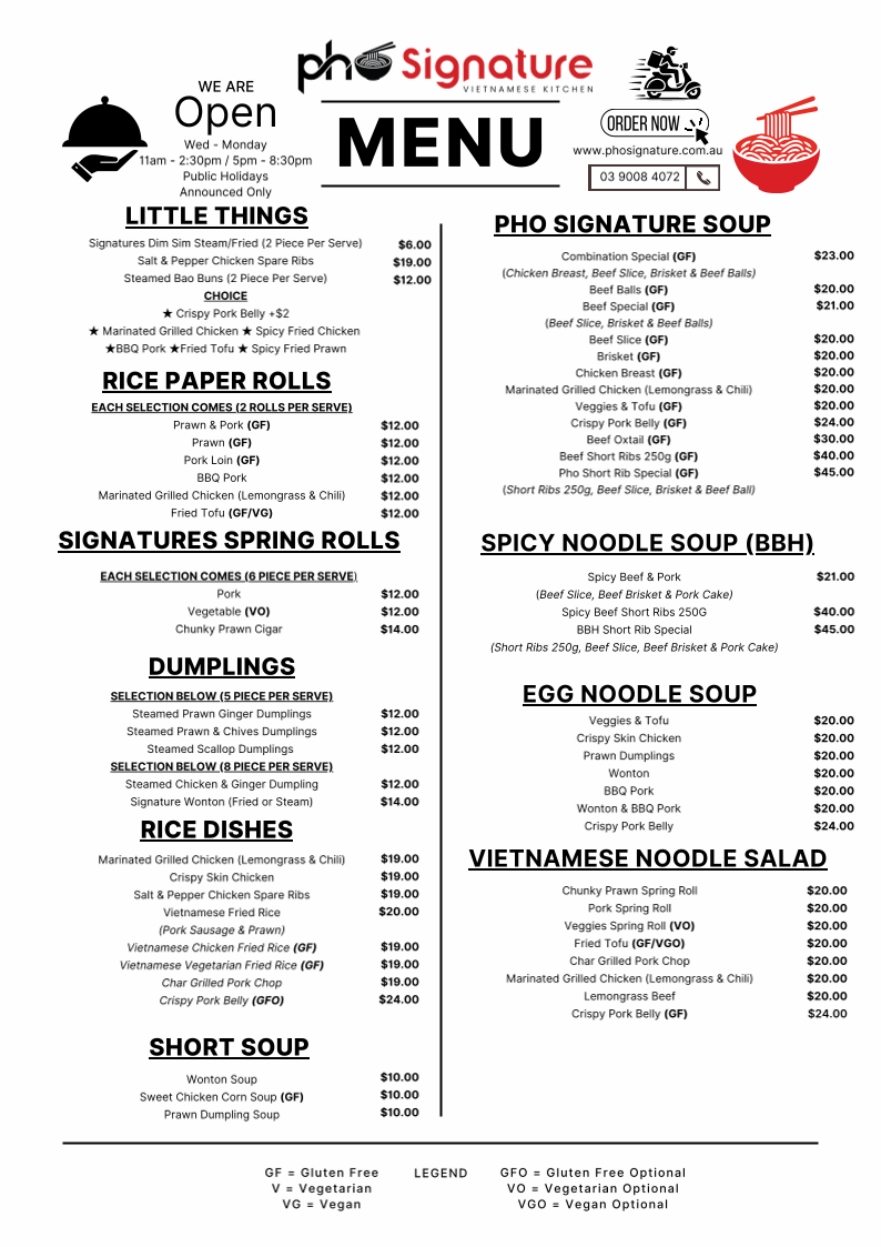 Menu, Pho Signature