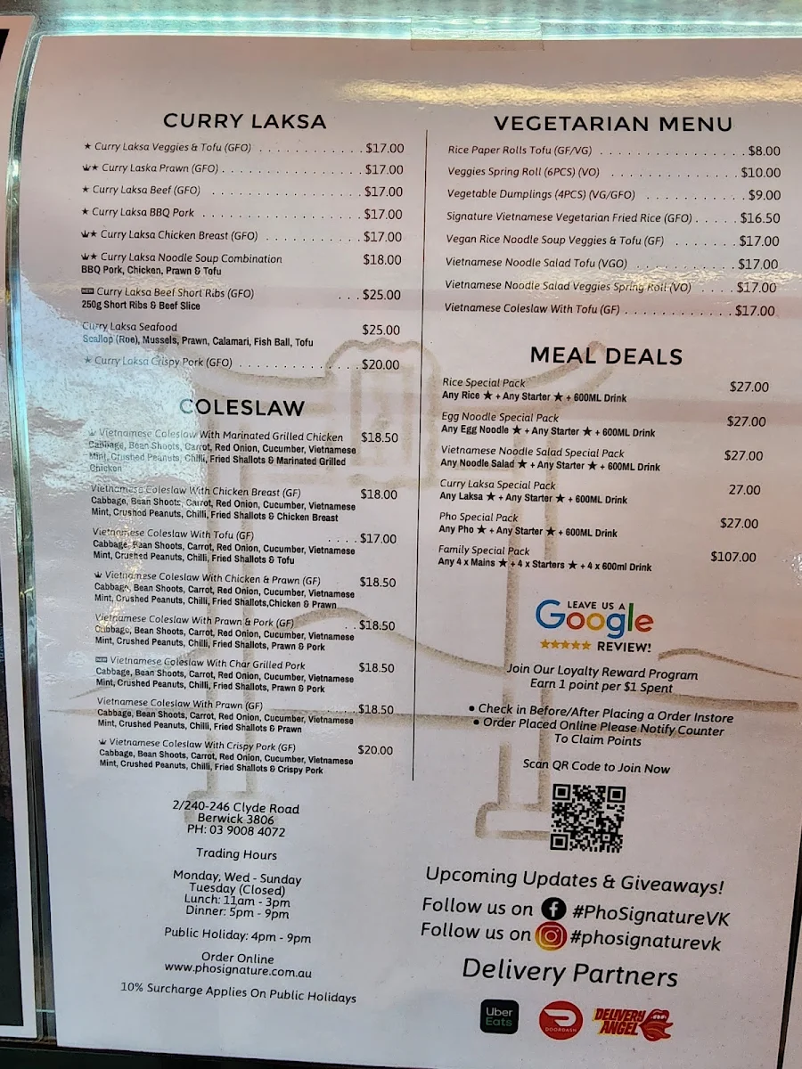 Menu, Pho Signature