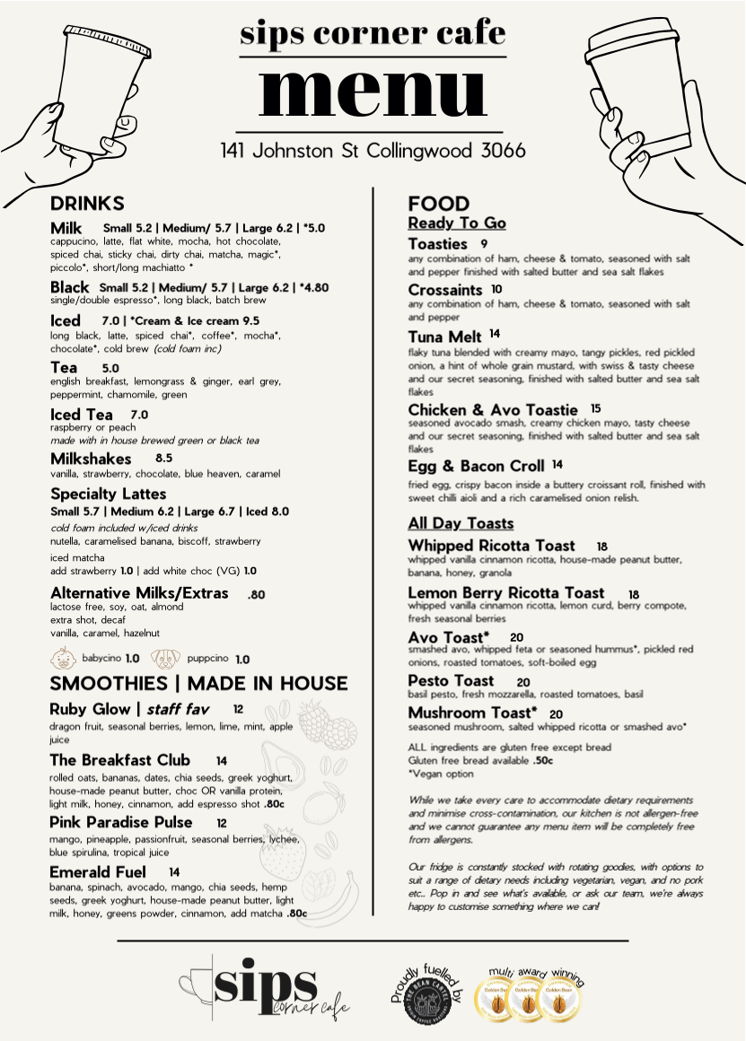 Menu, Sips Corner Cafe