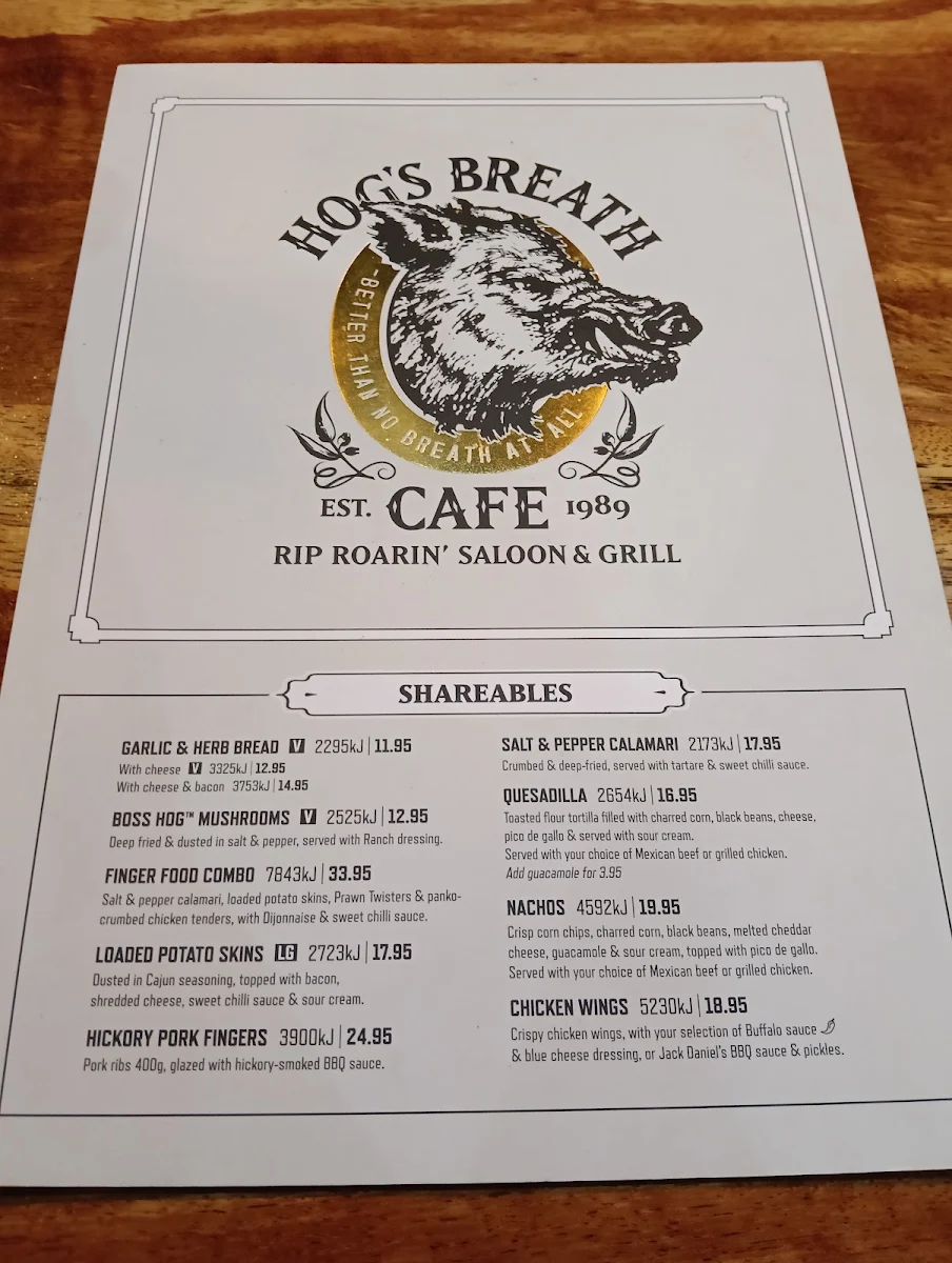 Menu, Hog's Breath Cafe Traralgon