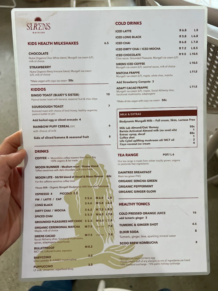 Menu, Sirens Bayside