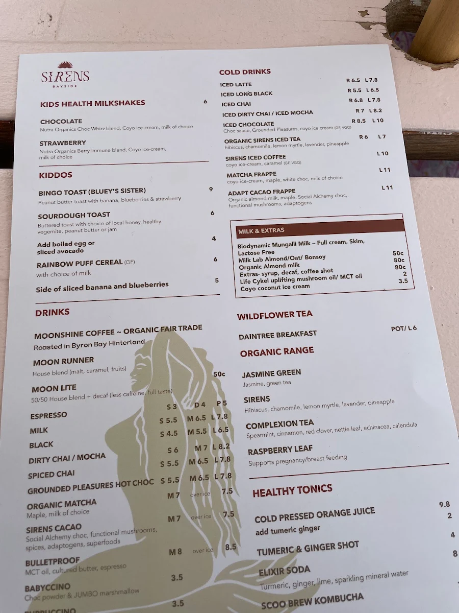 Menu, Sirens Bayside