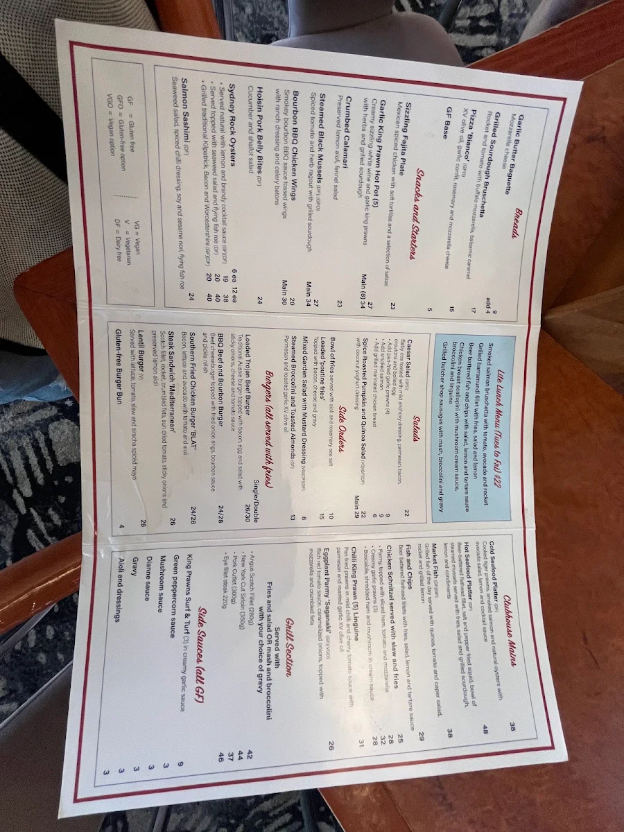 Menu, Rugby Union Cafe