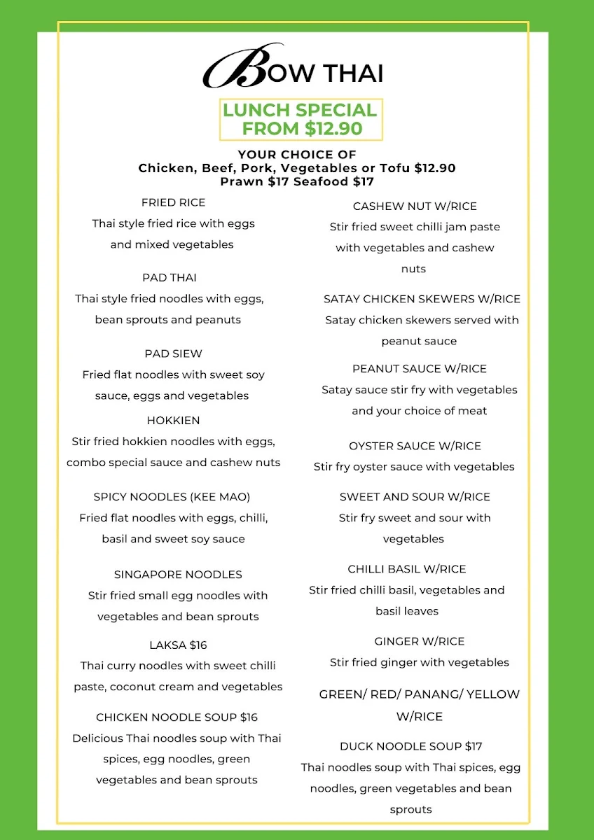 Menu, Bow Thai Gosford