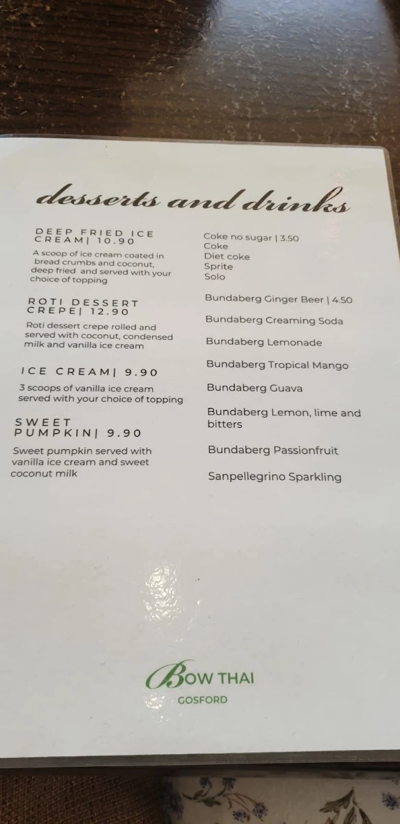 Menu, Bow Thai Gosford