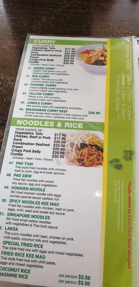 Menu, Bow Thai Gosford