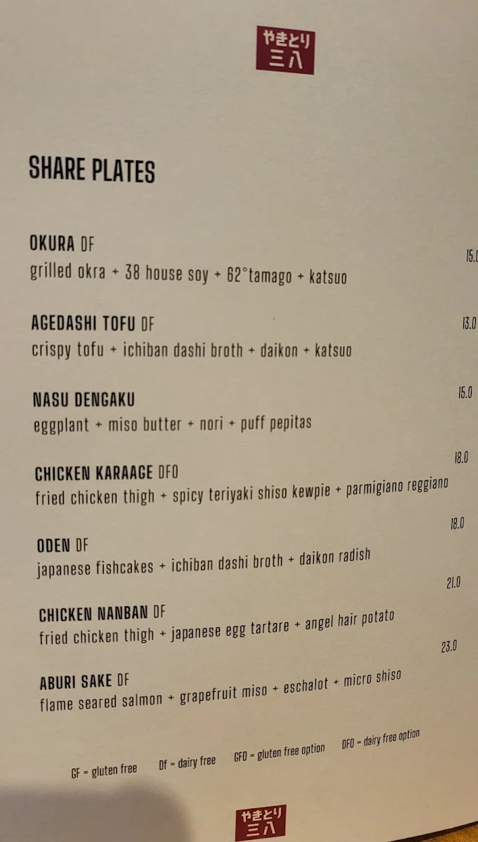 Menu, Yakitori 38