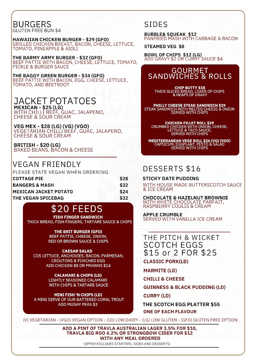 Menu, The Pitch & Wicket