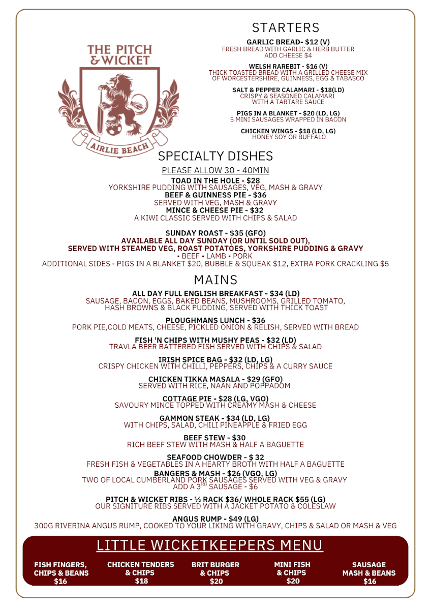 Menu, The Pitch & Wicket
