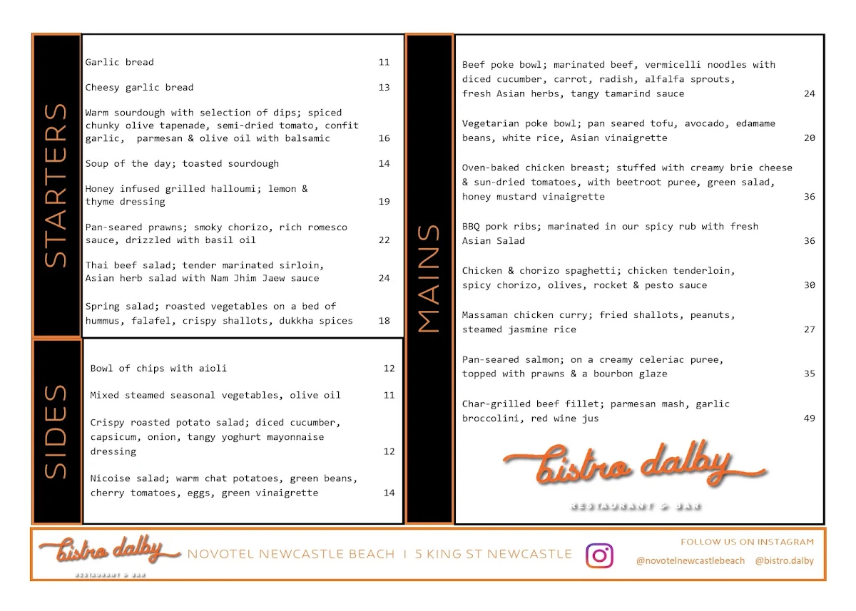 Menu, Bistro Dalby