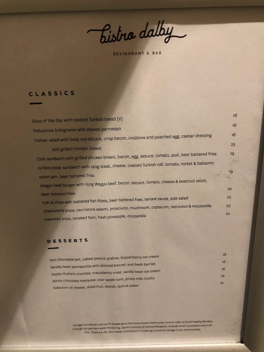 Menu, Bistro Dalby
