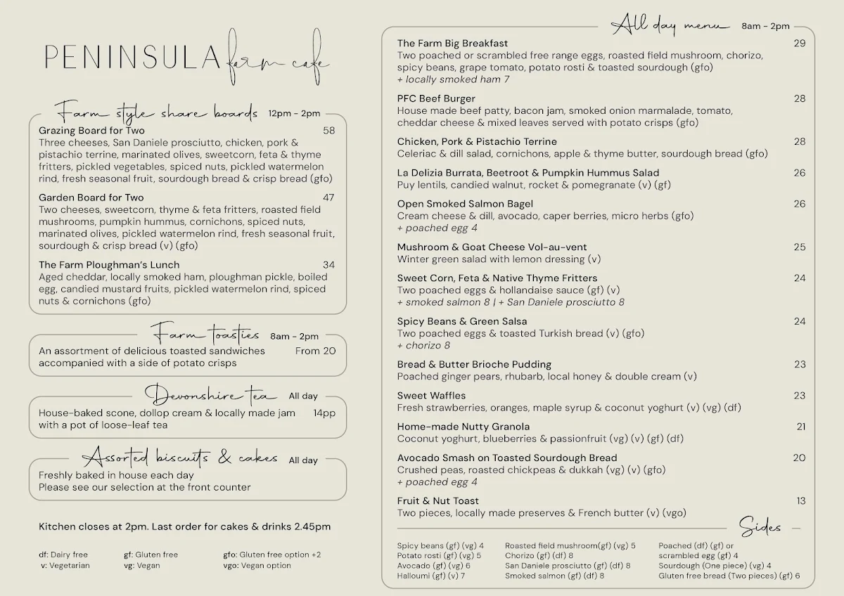 Menu, Peninsula Farm Cafe