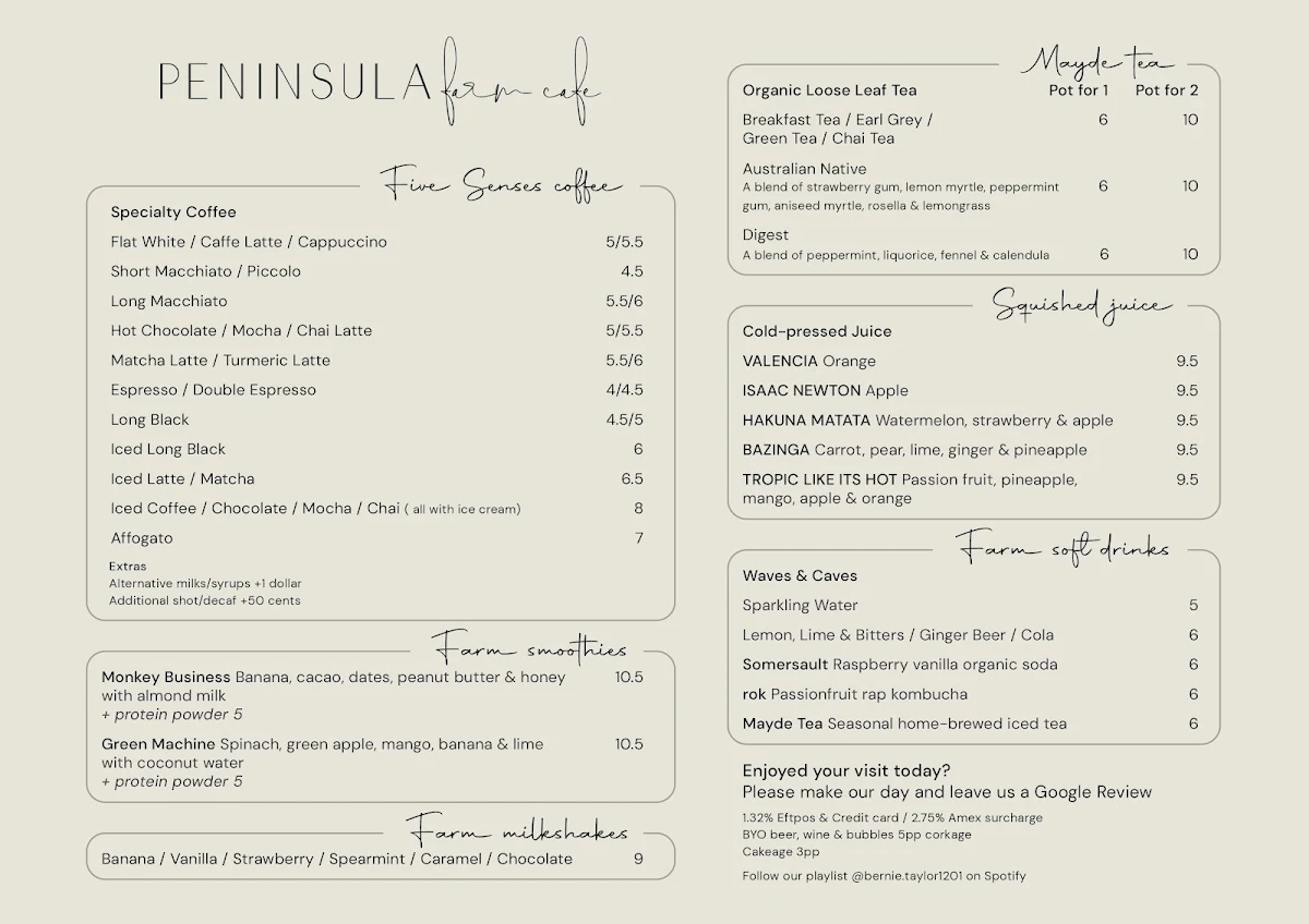 Menu, Peninsula Farm Cafe