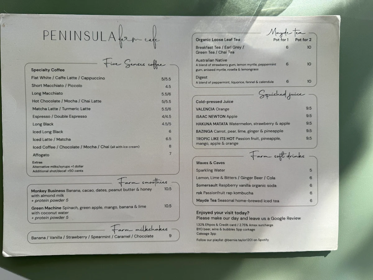 Menu, Peninsula Farm Cafe