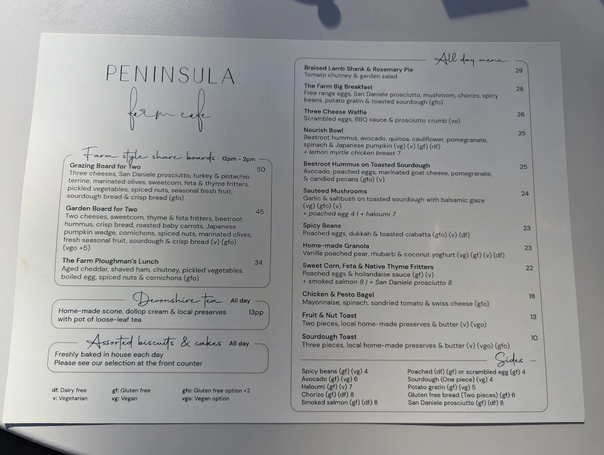 Menu, Peninsula Farm Cafe