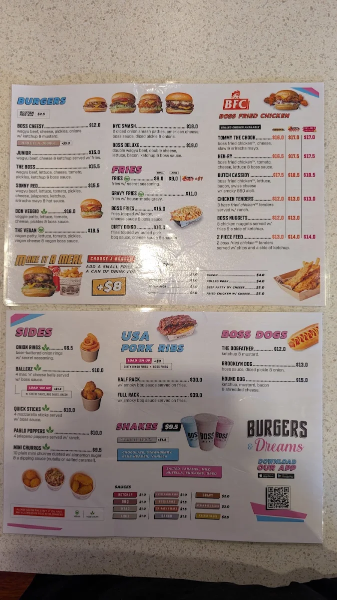 Menu, Boss Burger Co.