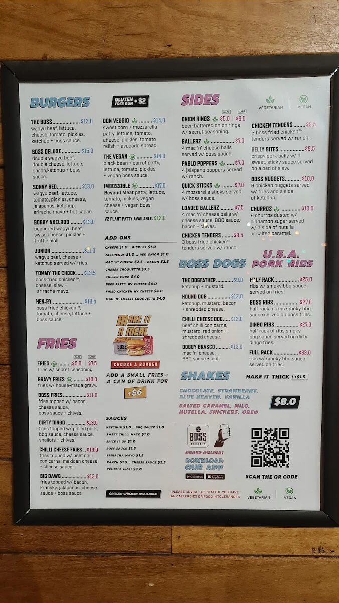 Menu, Boss Burger Co.
