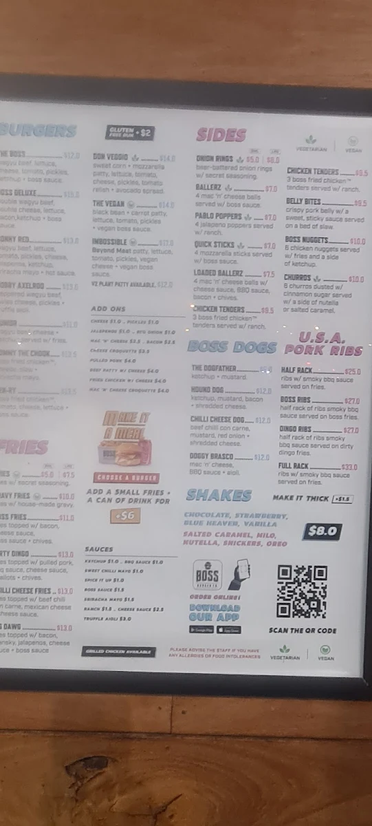 Menu, Boss Burger Co.