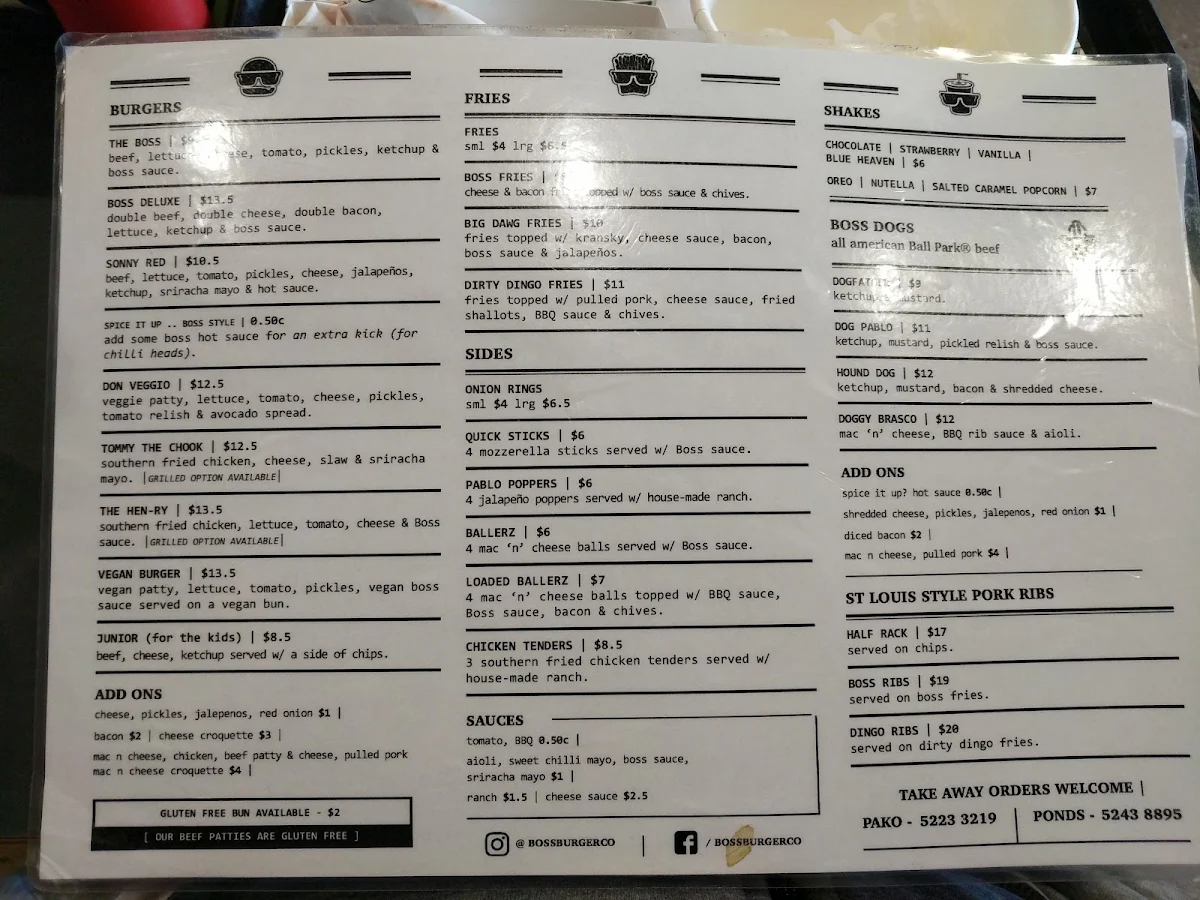 Menu, Boss Burger Co.