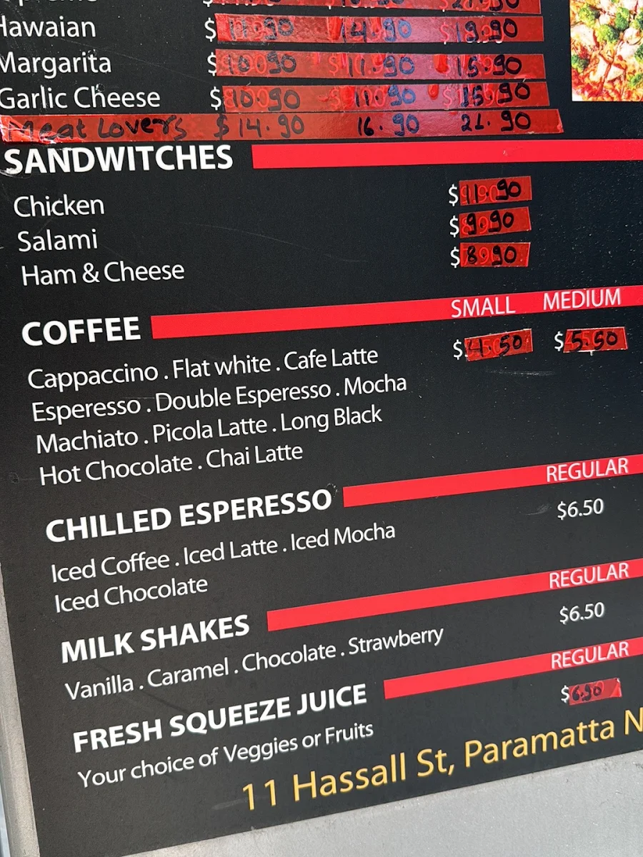 Menu, Skyrise pizza cafe