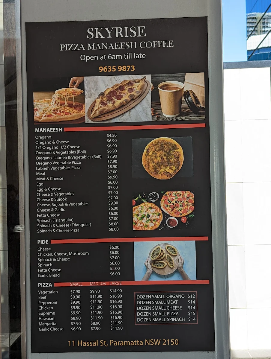 Menu, Skyrise pizza cafe