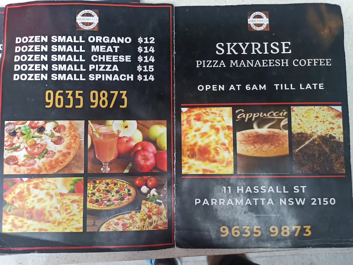 Menu, Skyrise pizza cafe