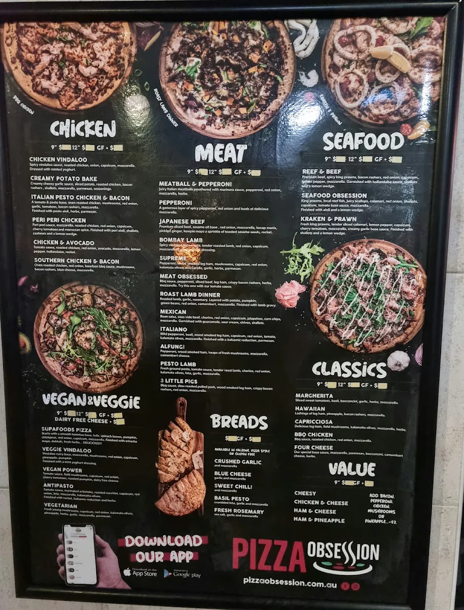 Menu, Pizza Obsession