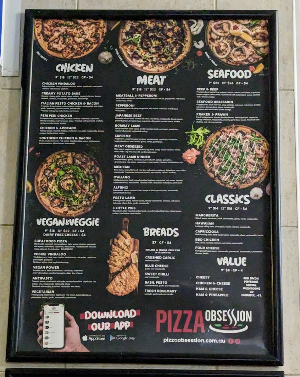 Menu, Pizza Obsession