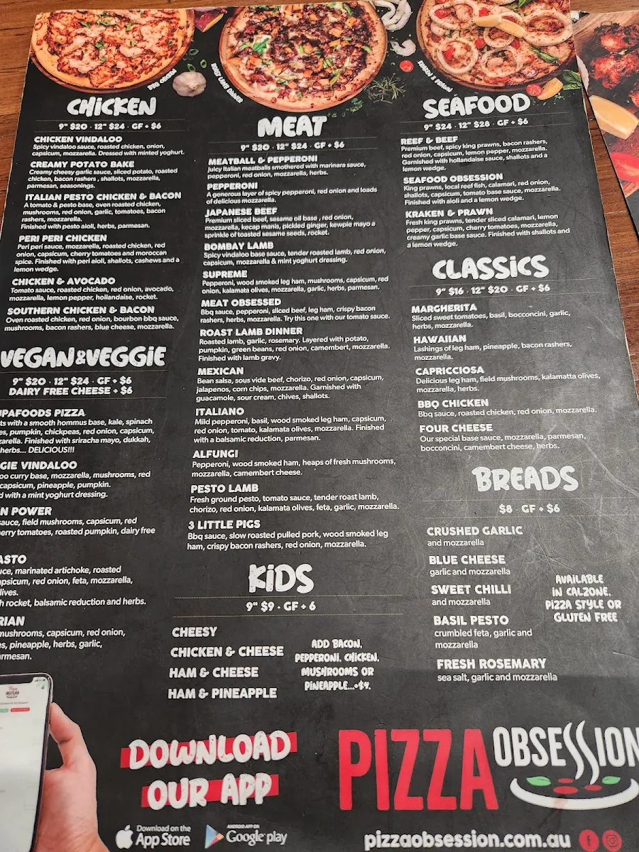 Menu, Pizza Obsession