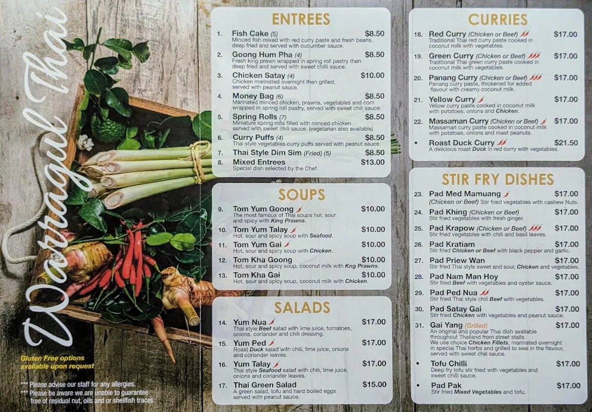 Menu, Warragul Thai Restaurant
