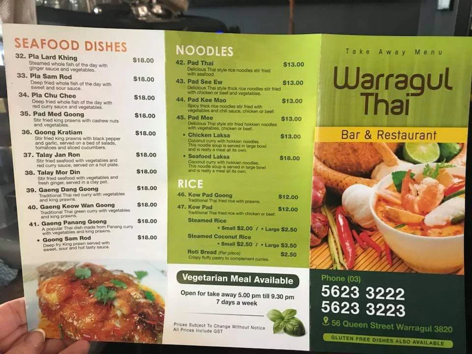 Menu, Warragul Thai Restaurant