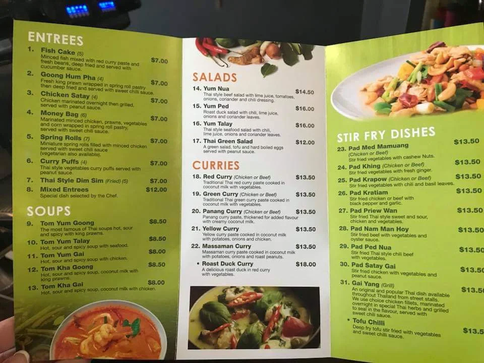 Menu, Warragul Thai Restaurant